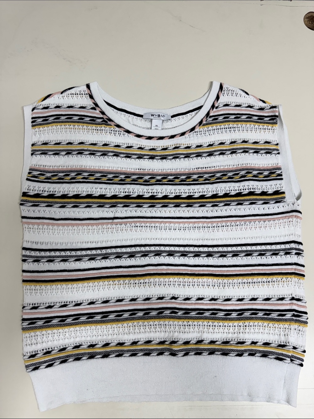White House Black Market White Striped Knit Sweater with Pink and Yellow Accents